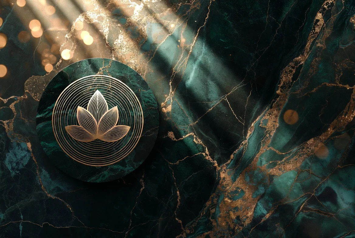 Aura Wellness gold lotus logo on emerald marble bathed in sunlight